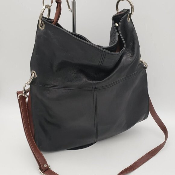 Crossbody Hobo 2 in 1 BORSE in PELLE Made in Italy Purse Bag Black Brown Leather - Picture 3 of 14